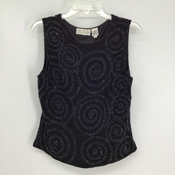 Scala Vintage Silk Beaded Sleeveless Shell Top Black Party Evening Size L - Picture 1 of 8